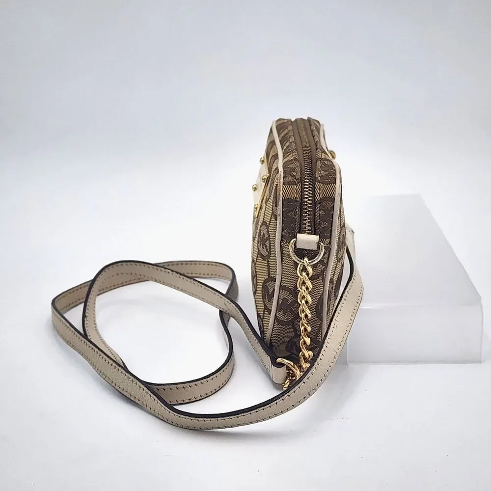 Michael Kors Monogram Jacquard MK Leather Trim Small Crossbody Bag Tan Brown